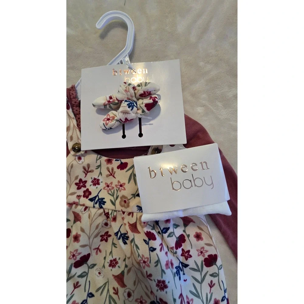 NWT Btween Baby 12M Spring Floral Dress Set Bodysuit Bows & Tights - Picture 3 of 7
